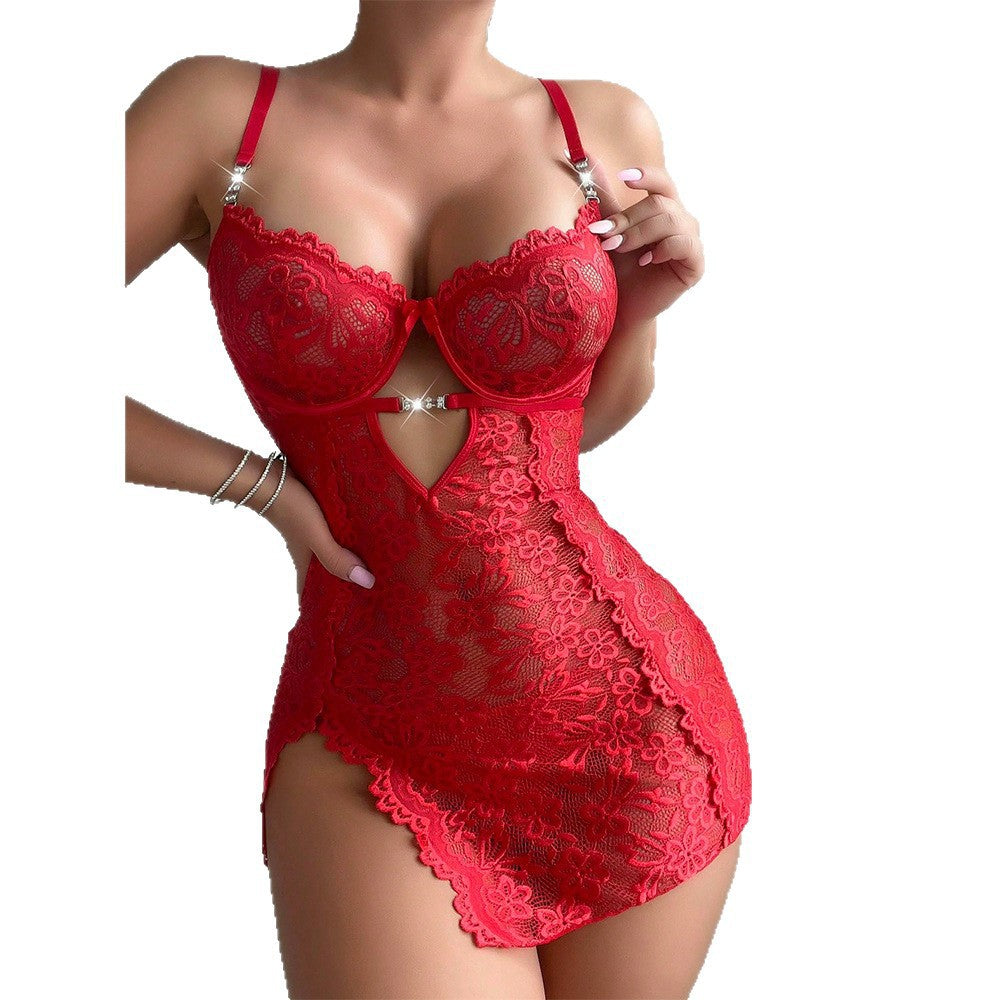 Sexy Ruffled Lace Mesh Long-Sleeve Lingerie Set – Elegant Home Wear