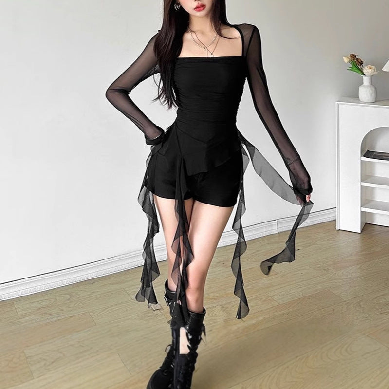 Camiseta Volantes Hombro Asimétrico — Slim Sexy Hot Girl Mujer Otoño 2026