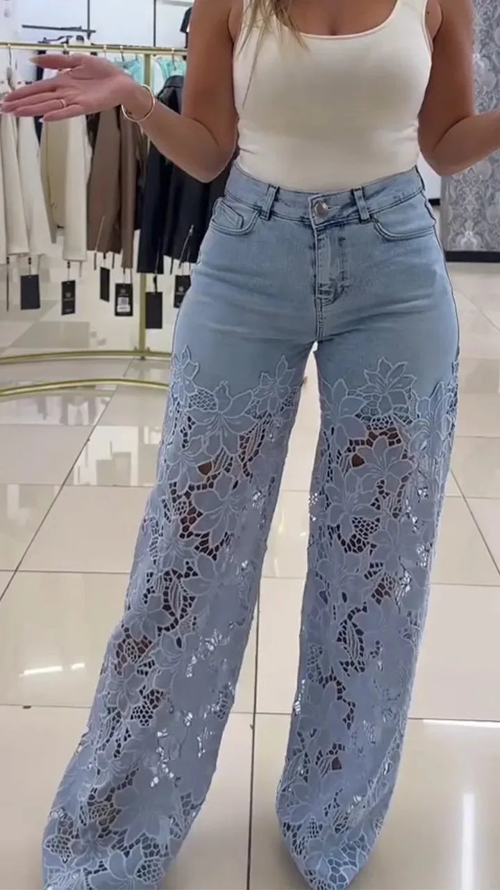 Jeans Elegantes con Encaje — Cintura Alta Oversized Mujer