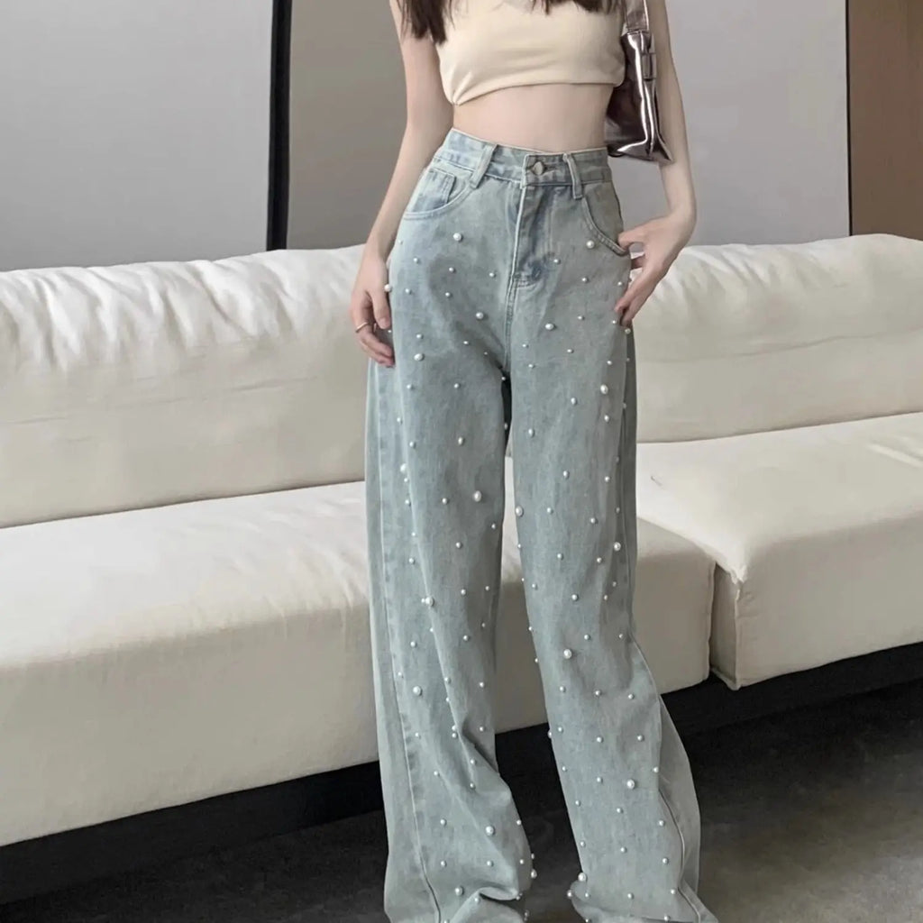 Jeans Rectos Azul con Perlas — Streetwear Baggy Chic Mujer