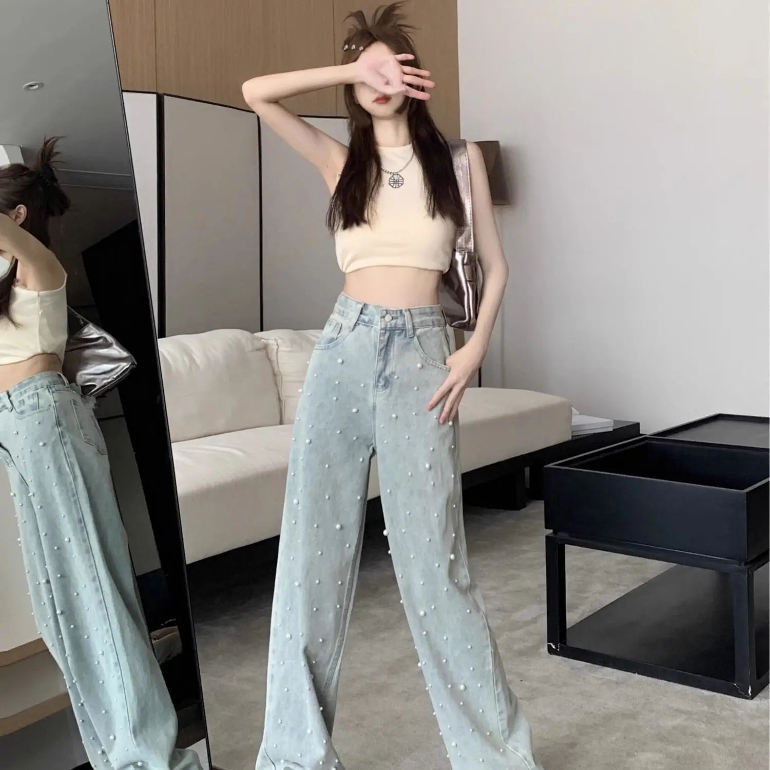 Jeans Rectos Azul con Perlas — Streetwear Baggy Chic Mujer