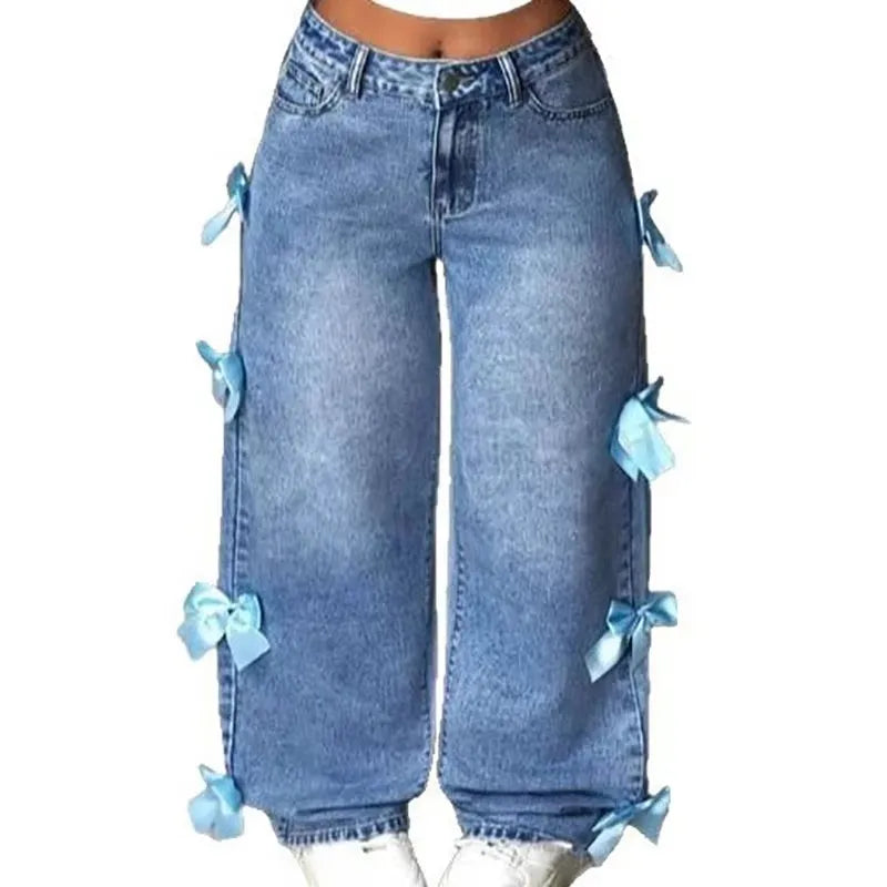 Jeans Y2K Street Girl con Lazo — Lavados Pierna Recta Mujer