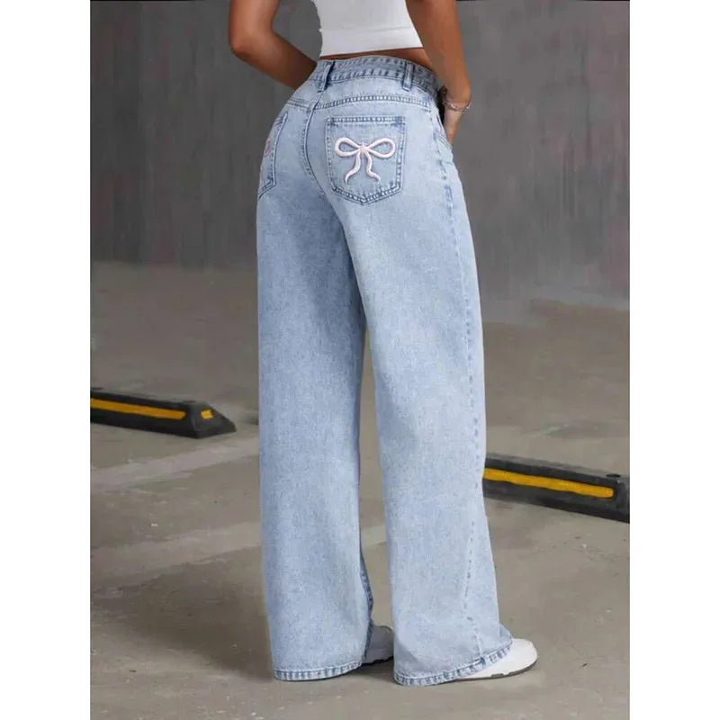 Jeans Bordados Cintura Alta — Desgastados Streetwear Mujer