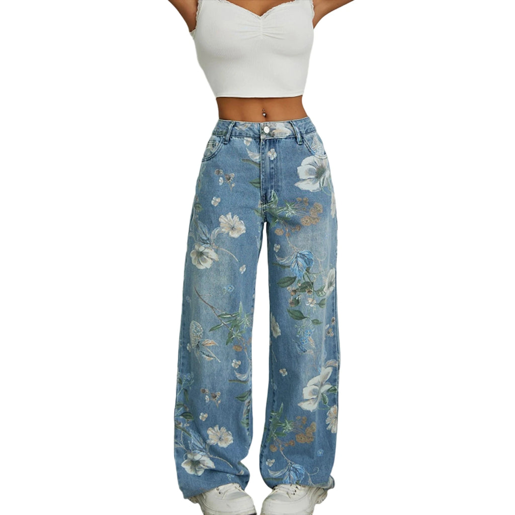 Jeans Floral Bordado Wide Leg — Ligeros Cintura Media Mujer