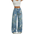 Jeans Floral Bordado Wide Leg — Ligeros Cintura Media Mujer