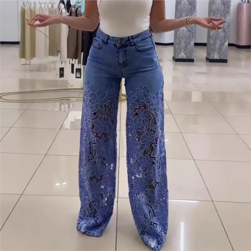 Jeans Elegantes con Encaje — Cintura Alta Oversized Mujer