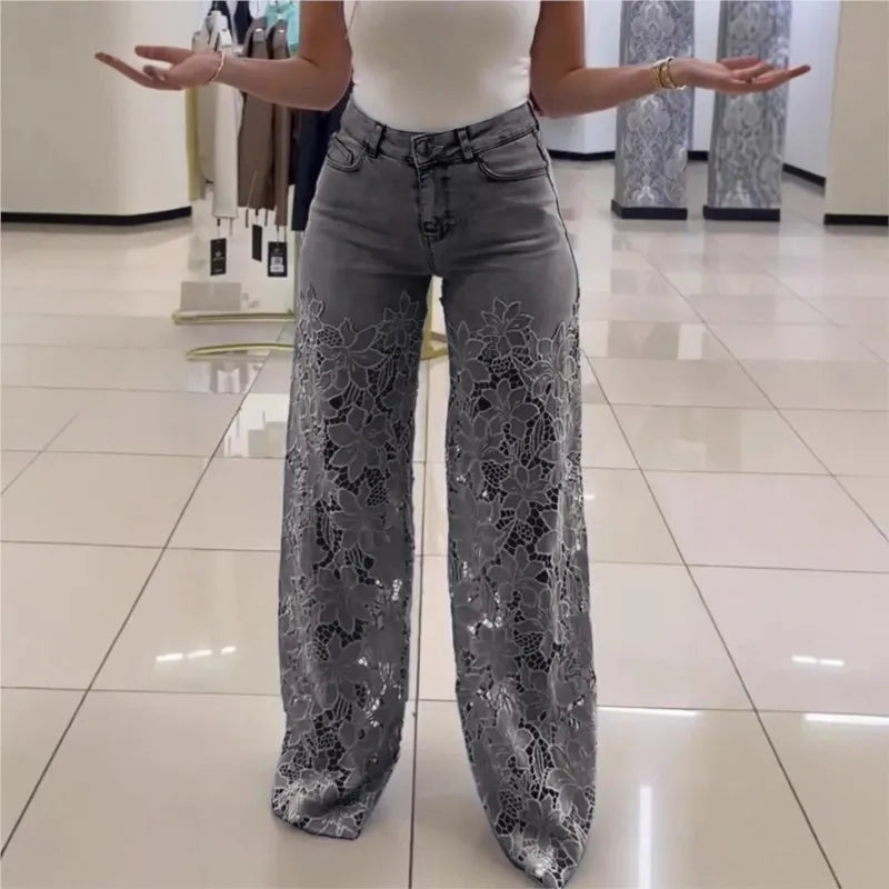 Jeans Elegantes con Encaje — Cintura Alta Oversized Mujer
