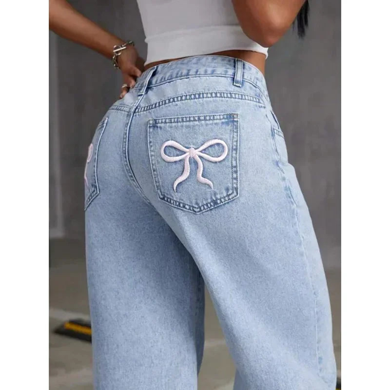 Jeans Bordados Cintura Alta — Desgastados Streetwear Mujer