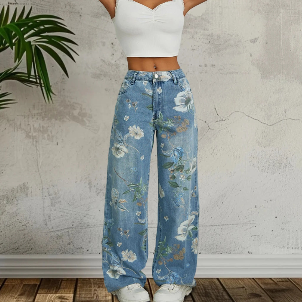 Jeans Floral Bordado Wide Leg — Ligeros Cintura Media Mujer