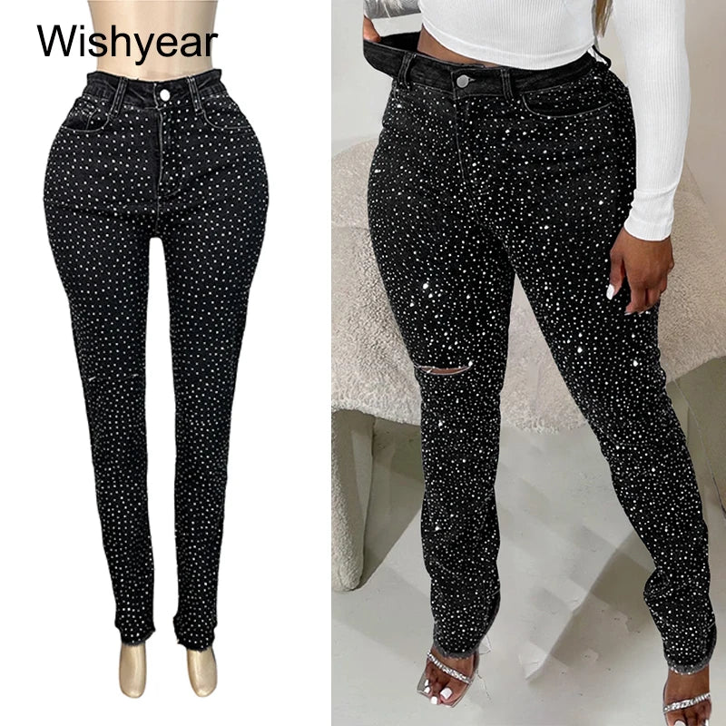 Jeans Skinny Diamantes Rotos — Cintura Alta Y2K Streetwear Mujer