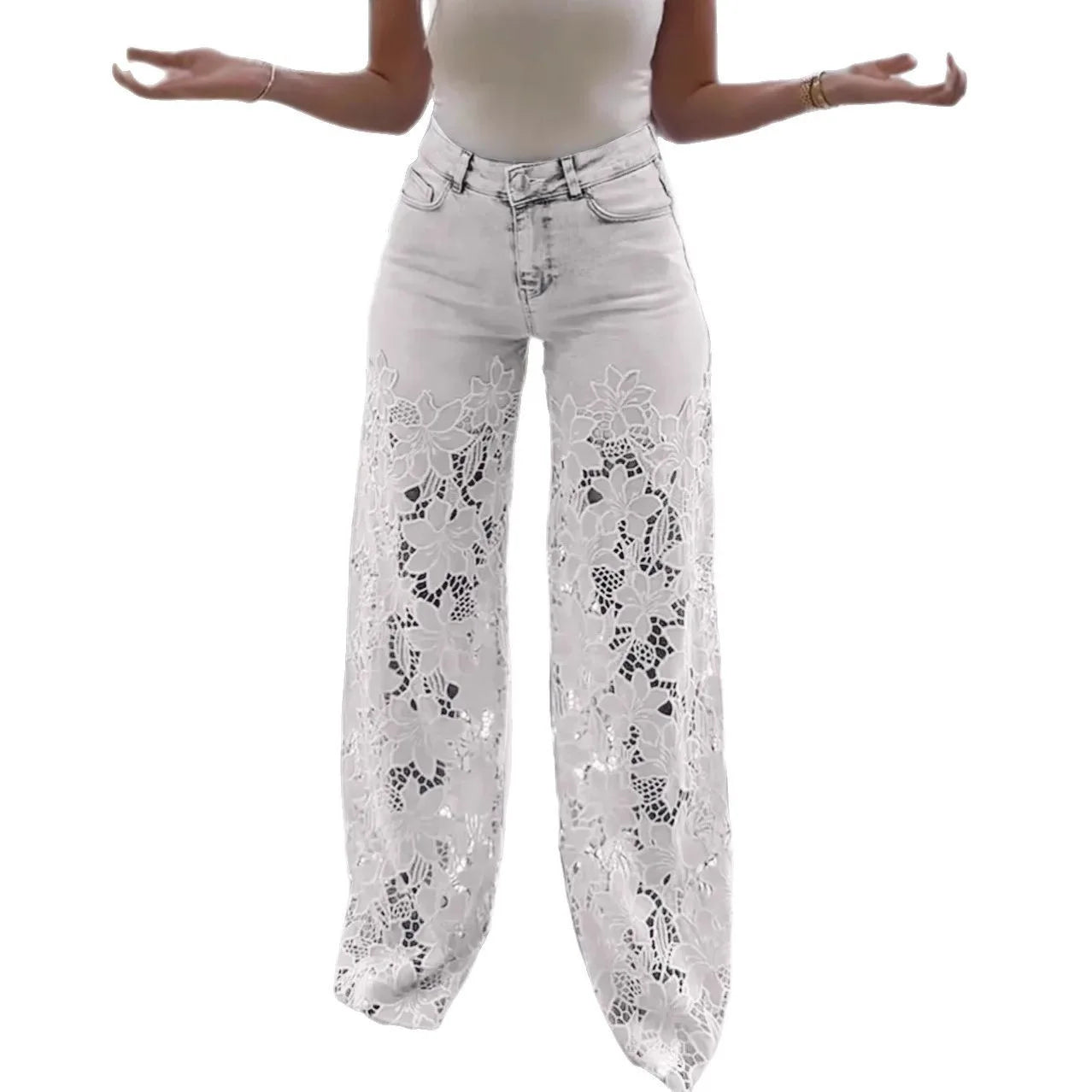Jeans Elegantes con Encaje — Cintura Alta Oversized Mujer