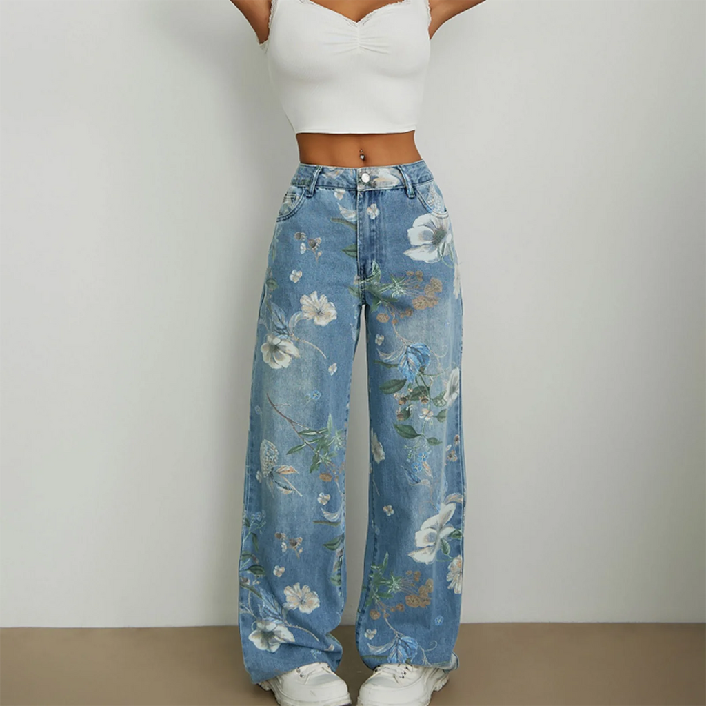 Jeans Floral Bordado Wide Leg — Ligeros Cintura Media Mujer