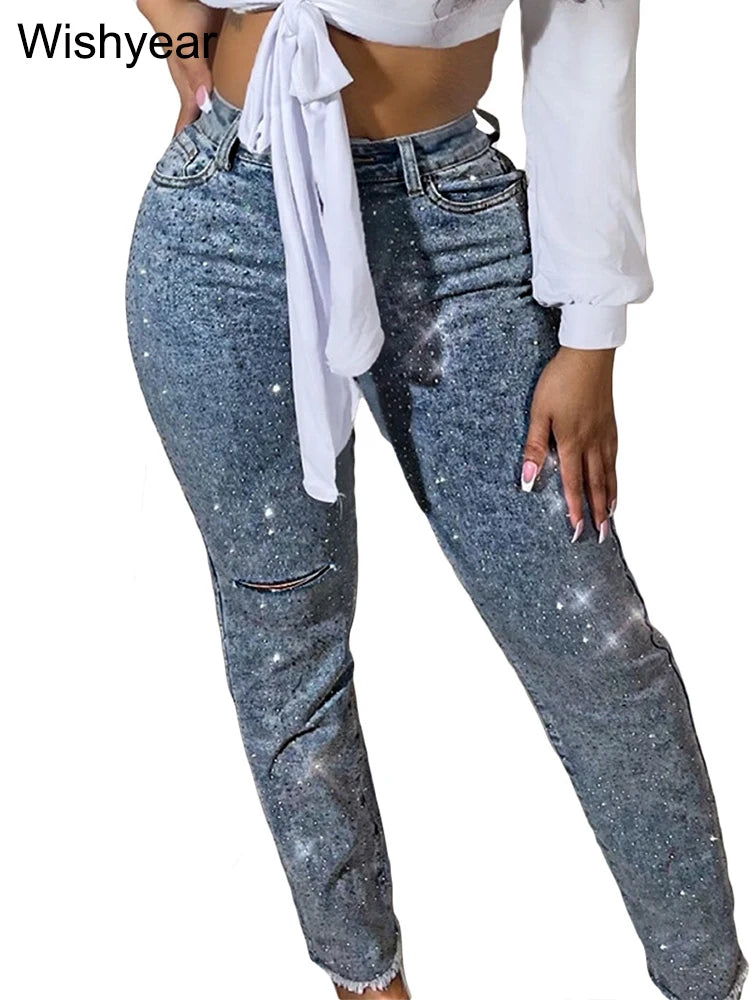 Jeans Skinny Diamantes Rotos — Cintura Alta Y2K Streetwear Mujer