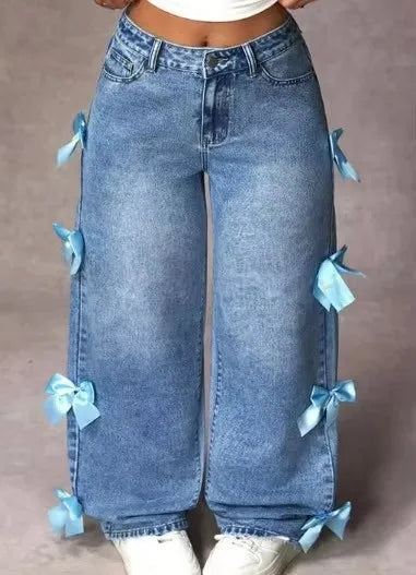 Jeans Y2K Street Girl con Lazo — Lavados Pierna Recta Mujer