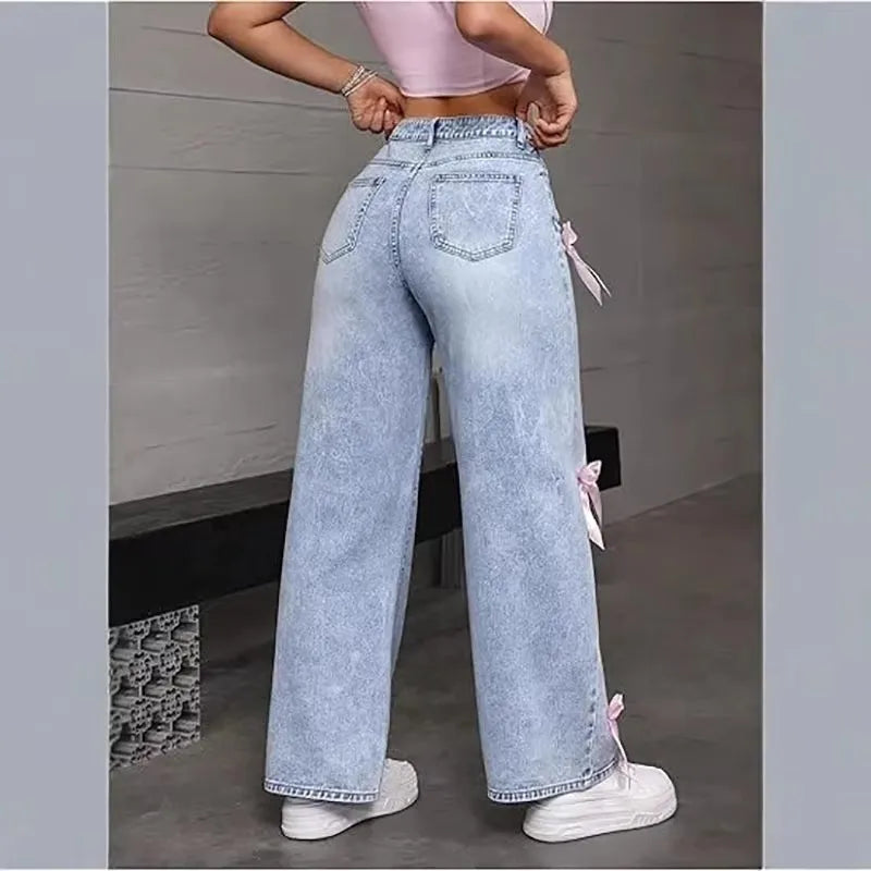 Jeans Y2K Street Girl con Lazo — Lavados Pierna Recta Mujer