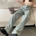 Jeans Rectos Azul con Perlas — Streetwear Baggy Chic Mujer