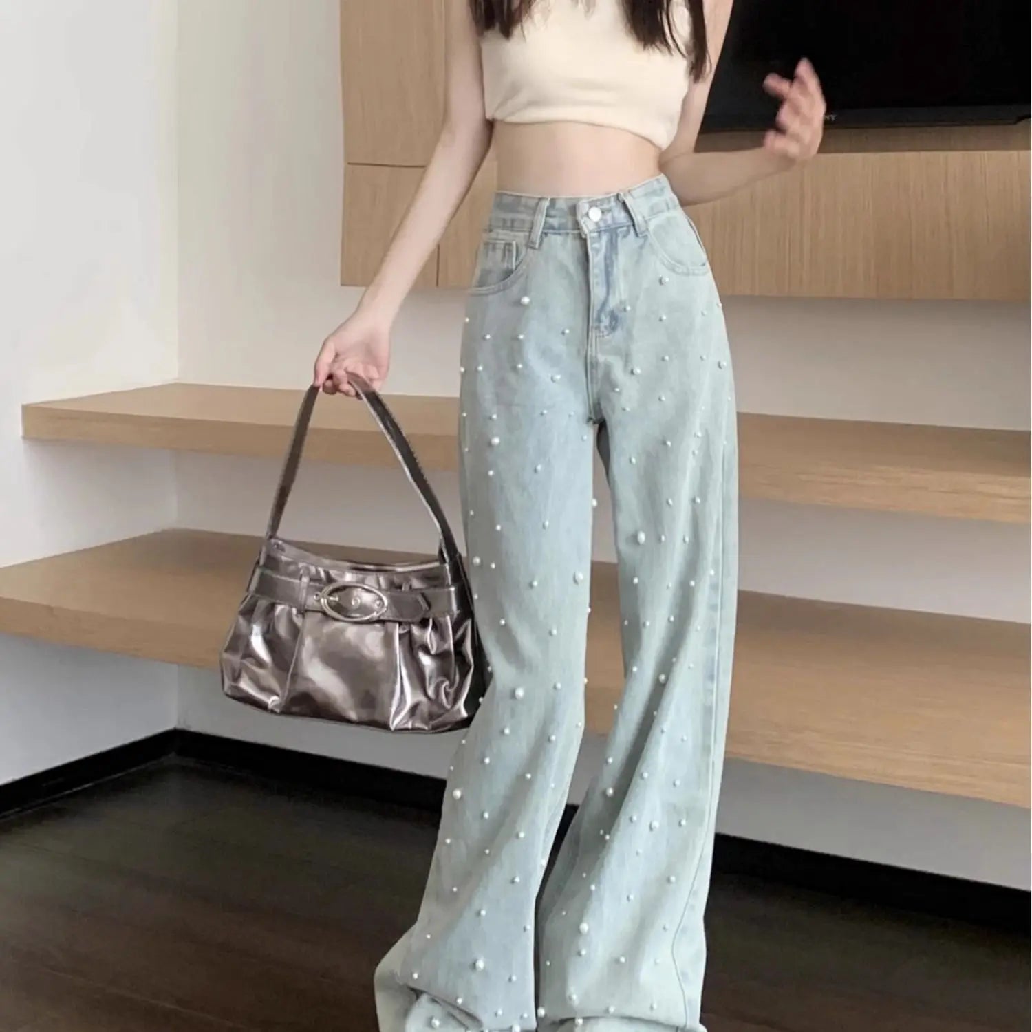Jeans Rectos Azul con Perlas — Streetwear Baggy Chic Mujer