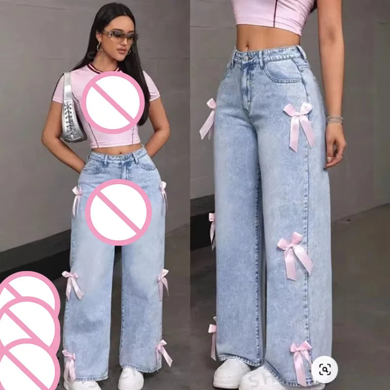 Jeans Y2K Street Girl con Lazo — Lavados Pierna Recta Mujer