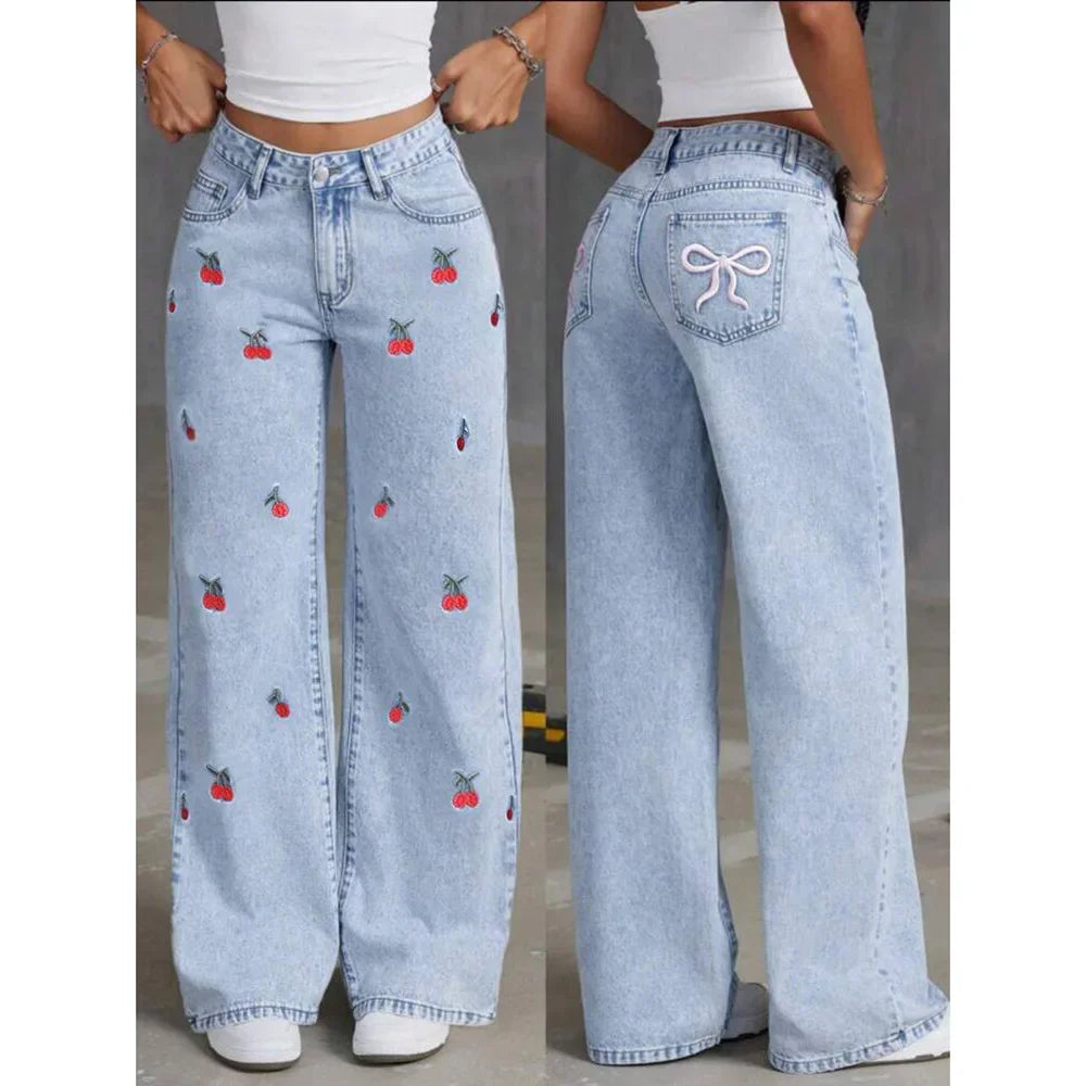 Jeans Bordados Cintura Alta — Desgastados Streetwear Mujer