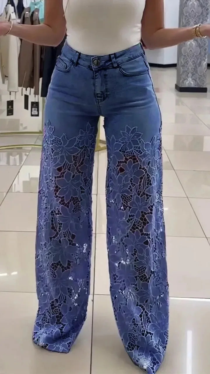 Jeans Elegantes con Encaje — Cintura Alta Oversized Mujer