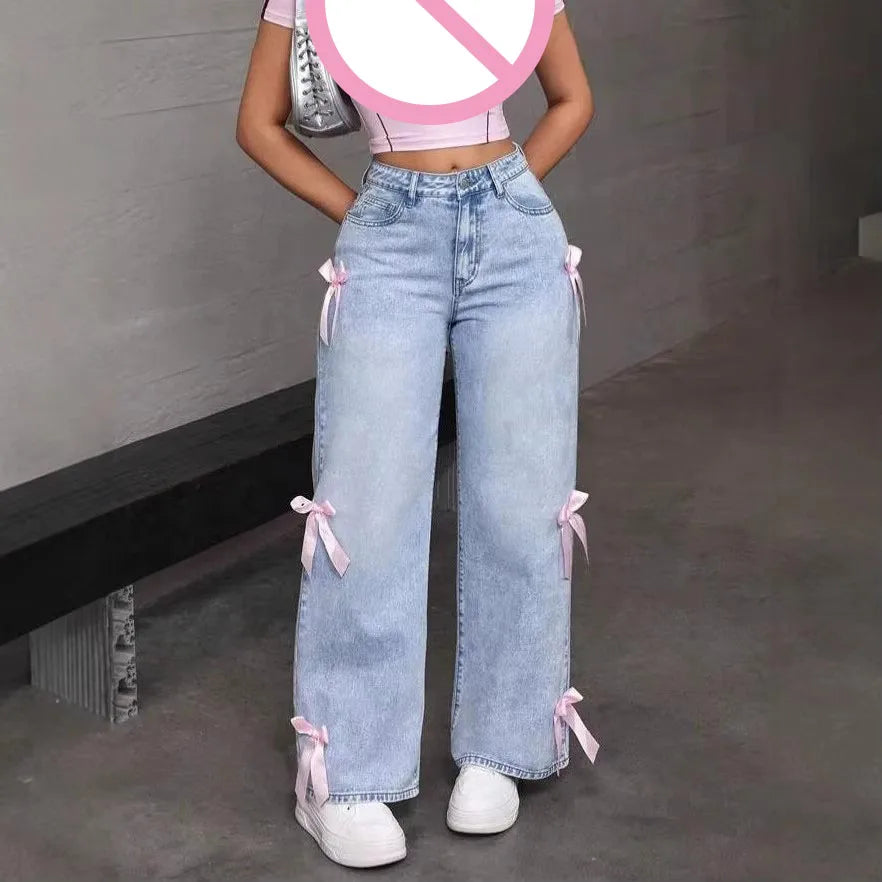 Jeans Y2K Street Girl con Lazo — Lavados Pierna Recta Mujer