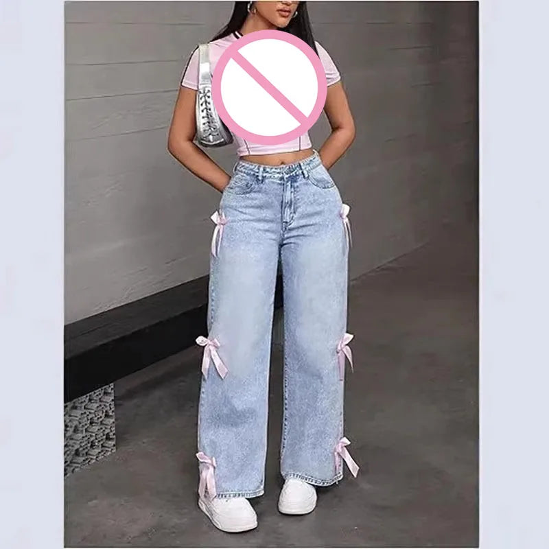 Jeans Y2K Street Girl con Lazo — Lavados Pierna Recta Mujer