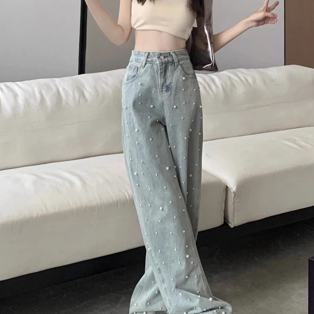 Jeans Rectos Azul con Perlas — Streetwear Baggy Chic Mujer