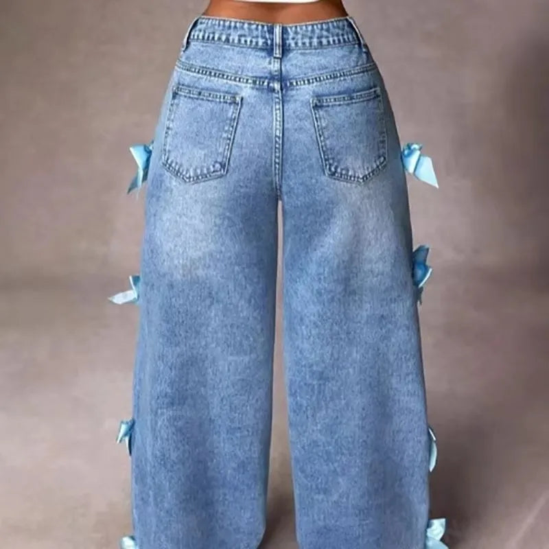 Jeans Y2K Street Girl con Lazo — Lavados Pierna Recta Mujer