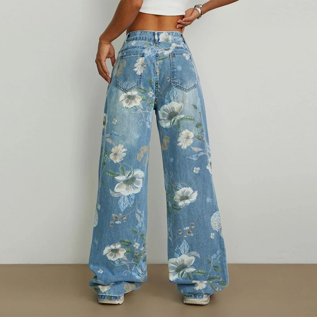 Jeans Floral Bordado Wide Leg — Ligeros Cintura Media Mujer