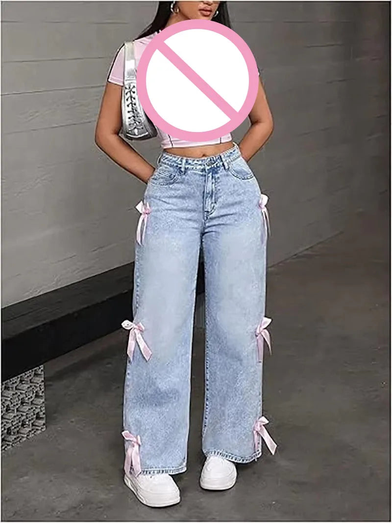 Jeans Y2K Street Girl con Lazo — Lavados Pierna Recta Mujer