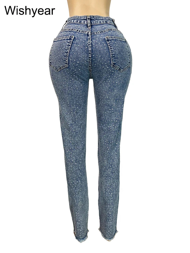 Jeans Skinny Diamantes Rotos — Cintura Alta Y2K Streetwear Mujer
