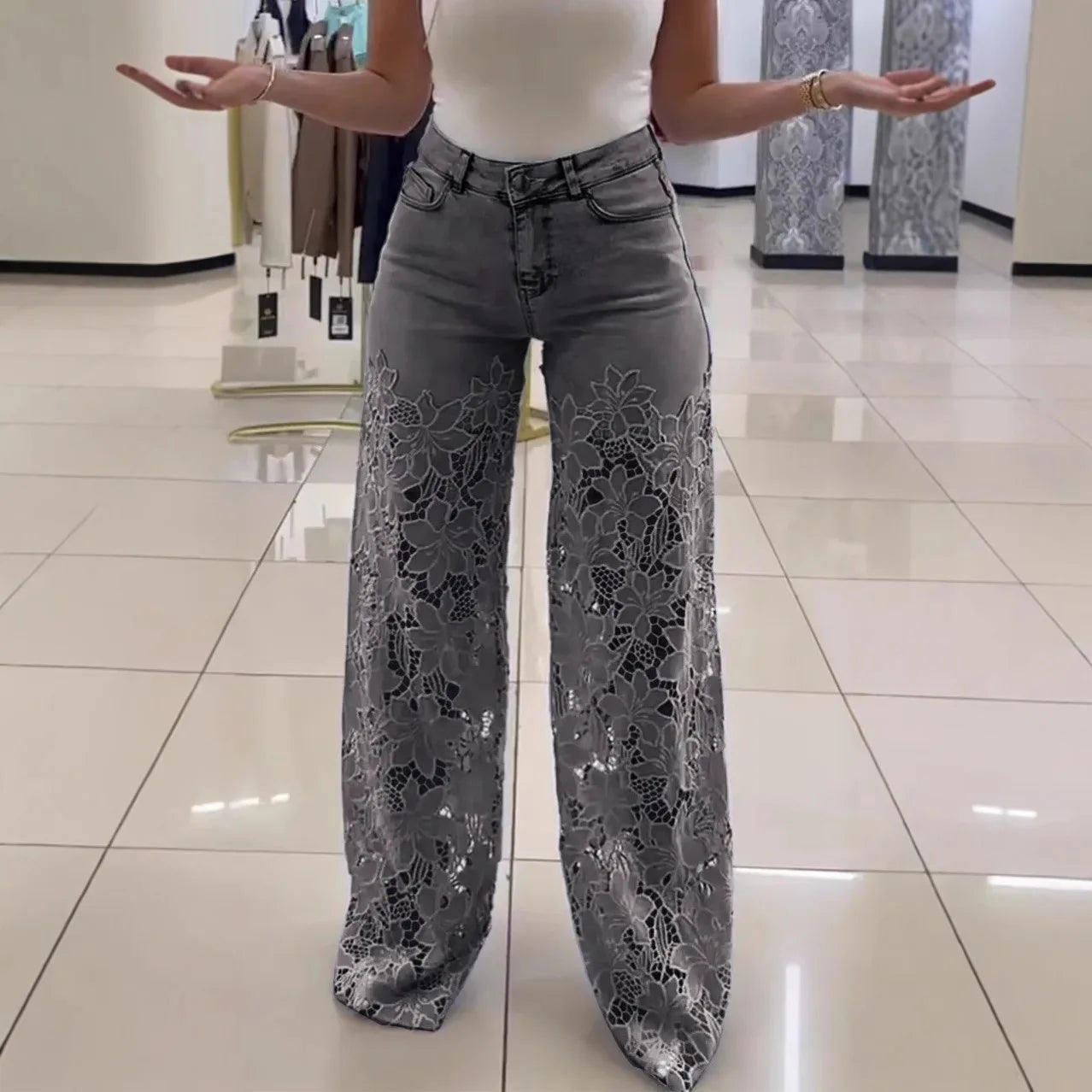Jeans Elegantes con Encaje — Cintura Alta Oversized Mujer